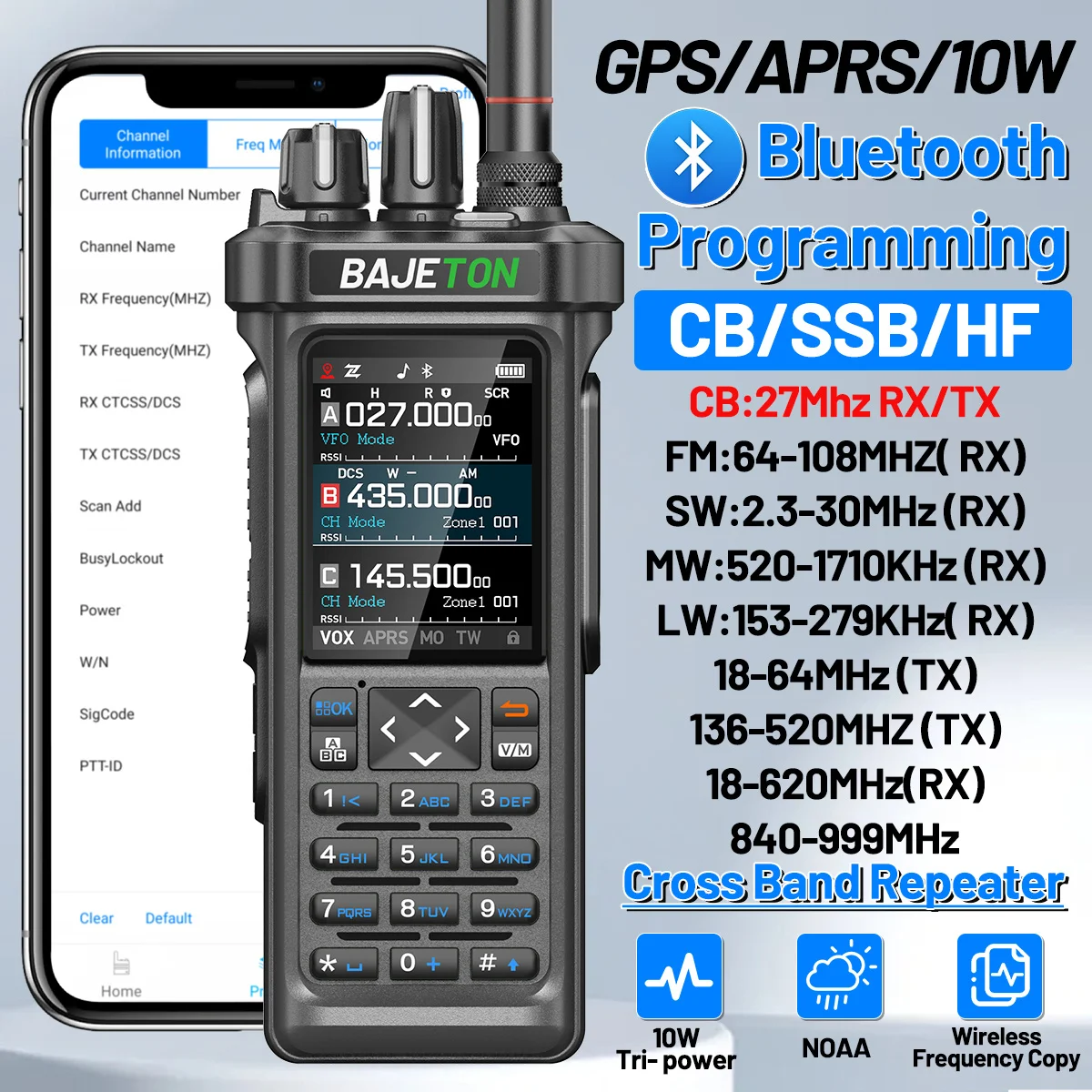 วิทยุสื่อสาร BAJETON BJ-9000 GPS APRS กำลังส่ง 10 วัตต์ คลื่นความถี่ 27 เมกะเฮิรตซ์ รองรับ CB/SSB/HF พร้อมบลูทูธ โปรแกรมได้ รองรับ NOAA คลื่นสั้น สำหรับวิทยุรุ่น RT-950PRO และ RT-950