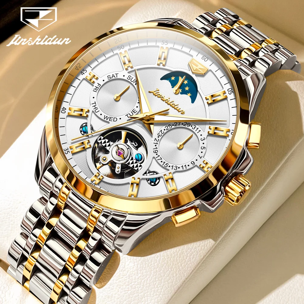 

JSDUN 8945 Automatic Man Watch Stainless Steel Skeleton Hollow Multifunction Mechanical Wristwatch Luxury Moon Phase Men's Watch