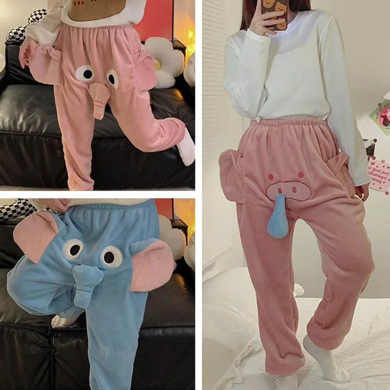 Disney Dumbo Flannel Pajama Pants Women\'s Warm Cartoon Funny Elephant Casual Home Pants In Autumn Winter Fashion Trousers Gift