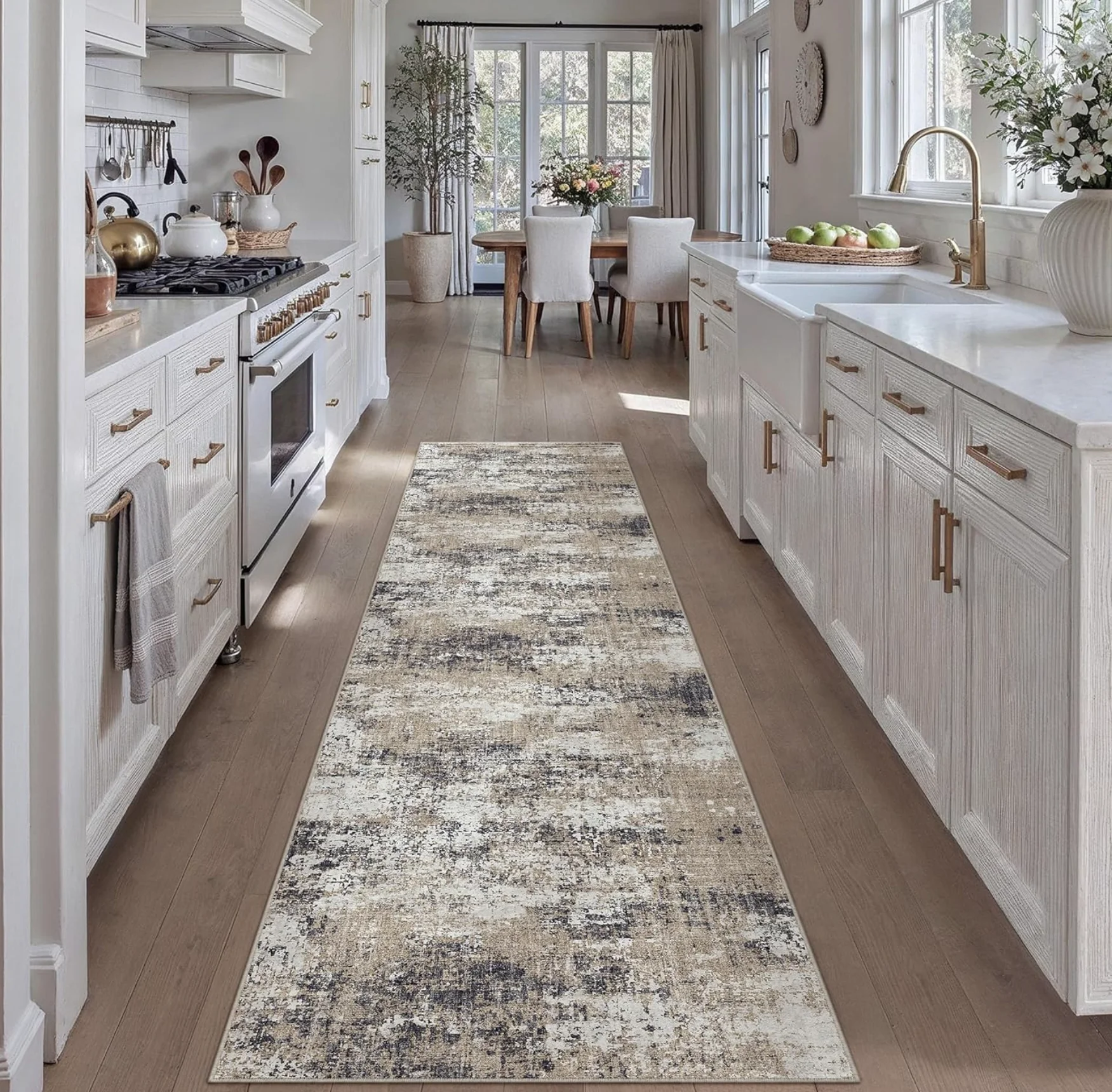 Non Slip Washable Distressed Abstract Pattern Runner Rug Neutral Tone Mat for Kitchen Hallway Corridor Home Decor Floor Carpet