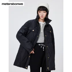 Metersbonwe-Jaqueta feminina Puffer Stand colarinho, cordão da cintura emagrecedor, ultra-solto, longo viajante, cavalheira, elegante, inverno