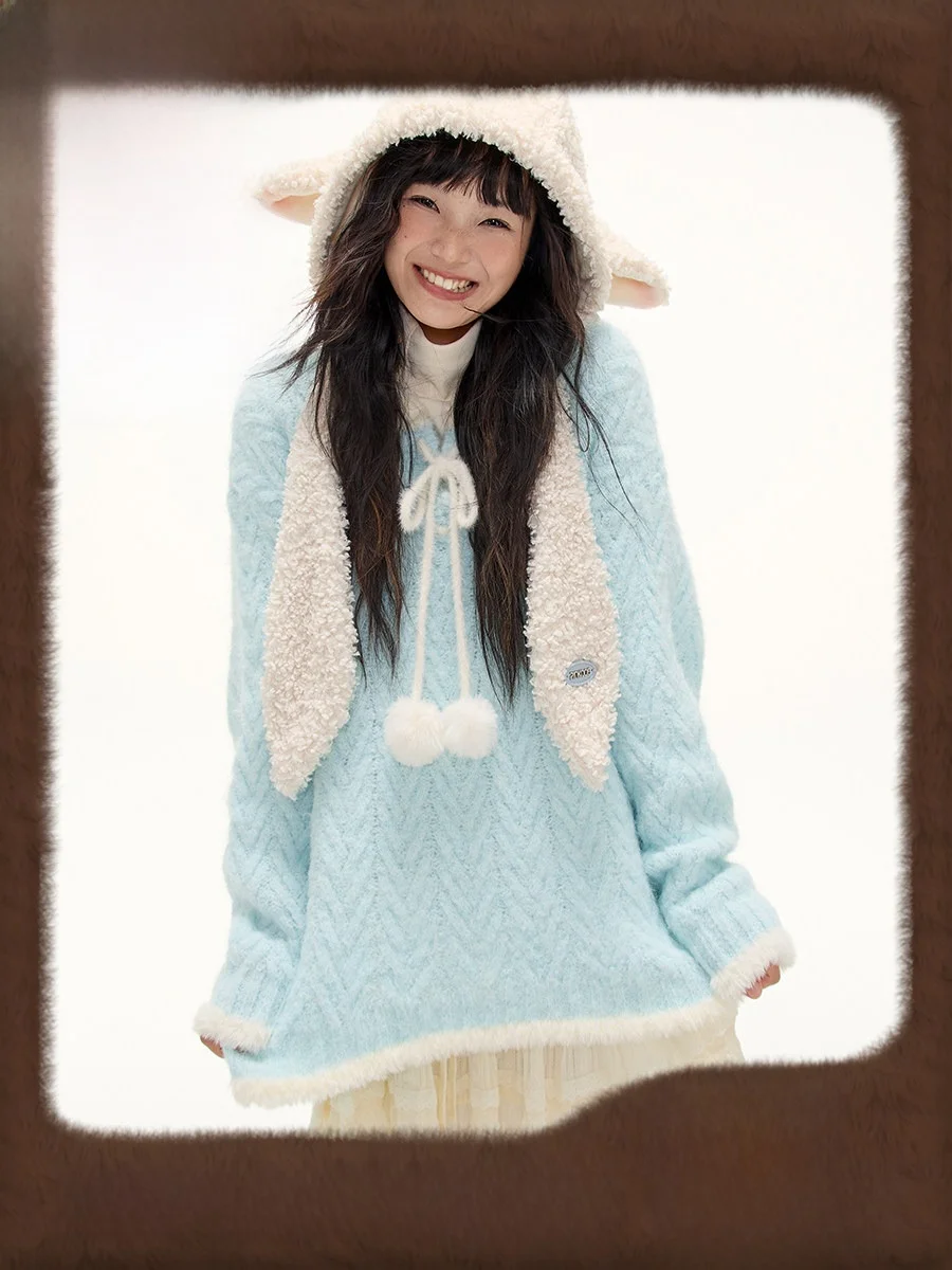 

Синий лечебный вязаный свободный свитер Twist PINKDOG соленая молочная булочка удобный V-ne Long Sve женский модный осенний топ