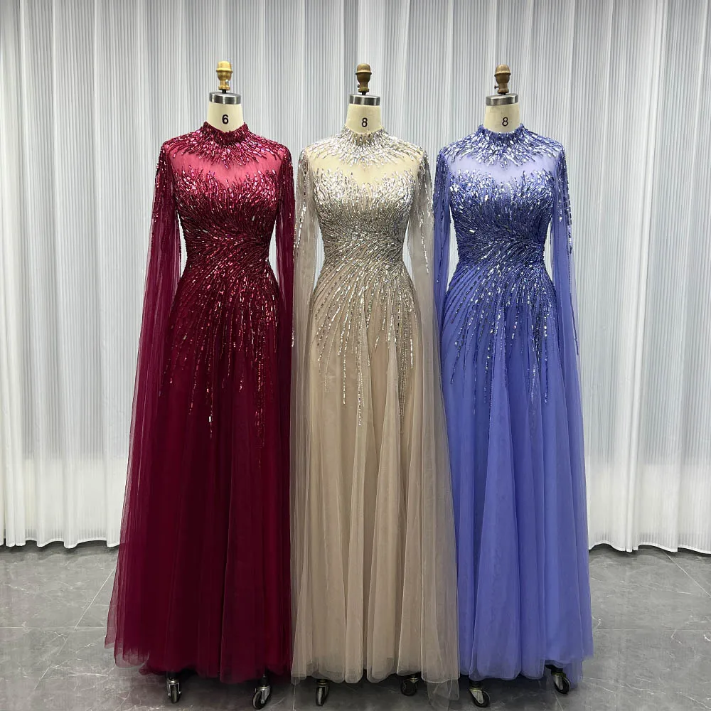 

YQLNNE 048 Мусульманские бордовые вечерние платья с длинными рукавами и кристаллами ручной работы из бисера Вечернее женское вечернее платье