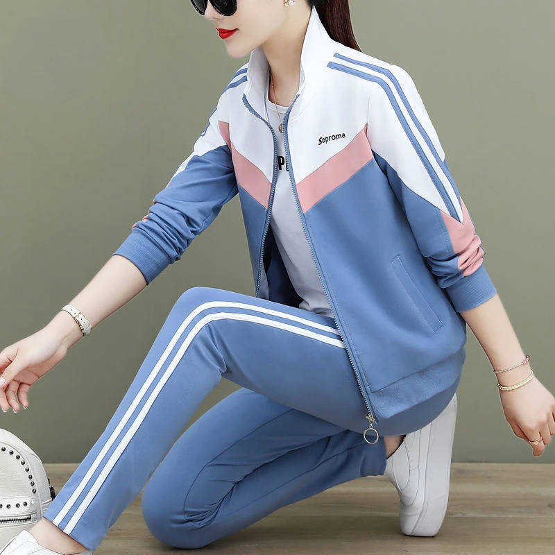 Stripe Sports Suit Women\'s Spring And Autumn 2023 Loose Coat Three Piece Suit Women\'s Fashion Running Casual Wear