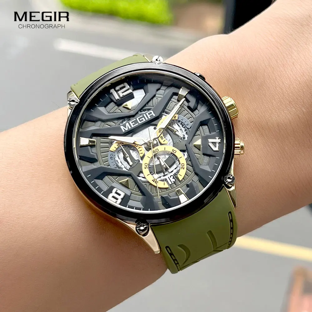 MEGIR Olive Green Sport Watch Men Fashion Silicone Strap Waterproof Chronograph Quartz Wristwatch with Auto Date Luminous Hands