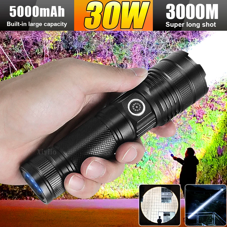 

White laser 30W High Power LED Rechargeable Flashlights 5000MAH Ultra Powerful Flashlight LED Camping Spotlight Tactical Torch