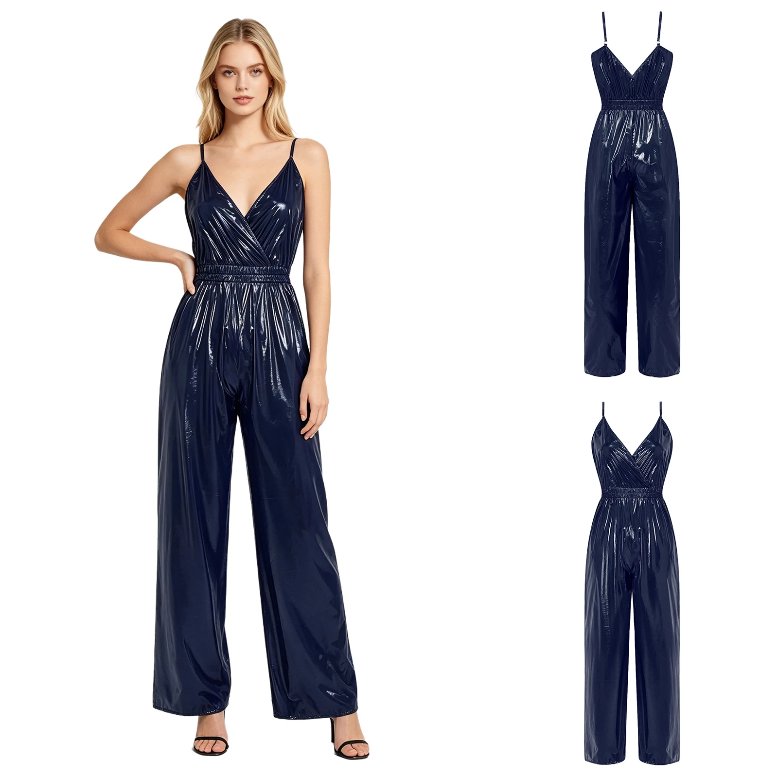 Womens Glossy Waterproof Jumpsuit V Neck Backless Straight Wide Leg Pants Romper for Disco Retro Theme Party Clubwear Dancing