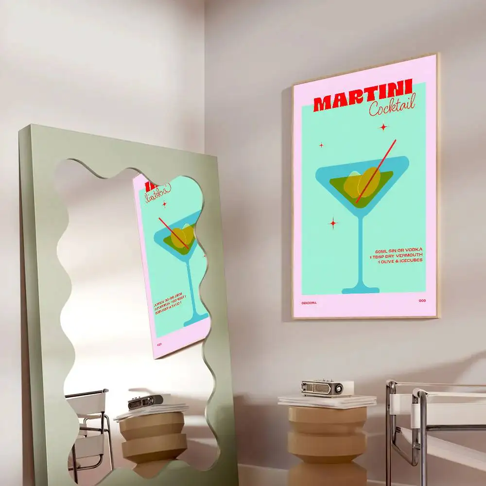 Cóctel Martini en un vaso con receta, póster autoadhesivo, decoraciones artísticas para la pared, decoración de la habitación, HD sin marco