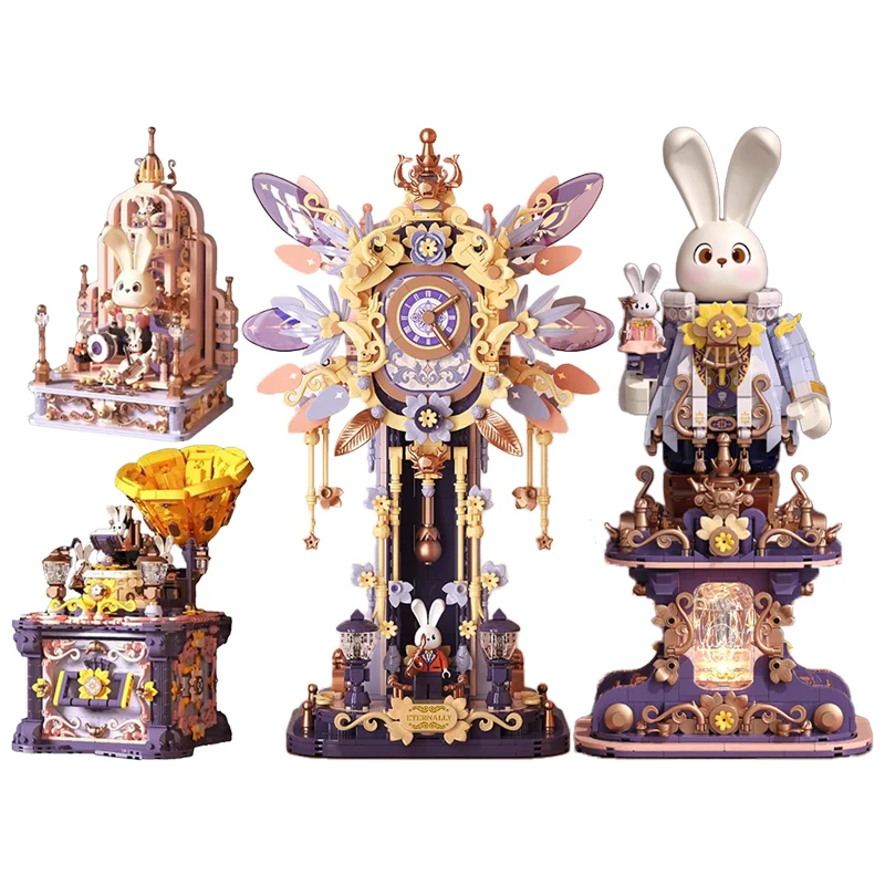 Bunny Micro Building Blocks Musical Traces Phonograph Music Hall Bell Tower Desktop Decoration Puzzle Toy Birthday Gifts for Kid