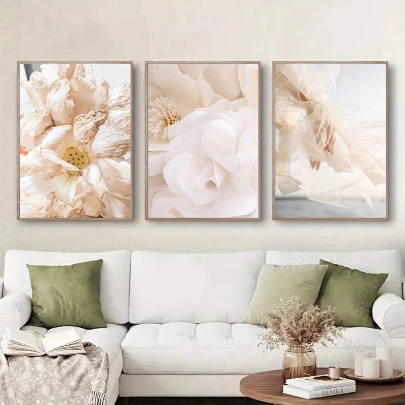 3er-Set rahmenlose Leinwandbilder, 3er-Set beige Pflanzen- und Blumenlandschaftsgemälde, Bohemian Poster, gedruckt, nordische Heimdekoration für die Wand
