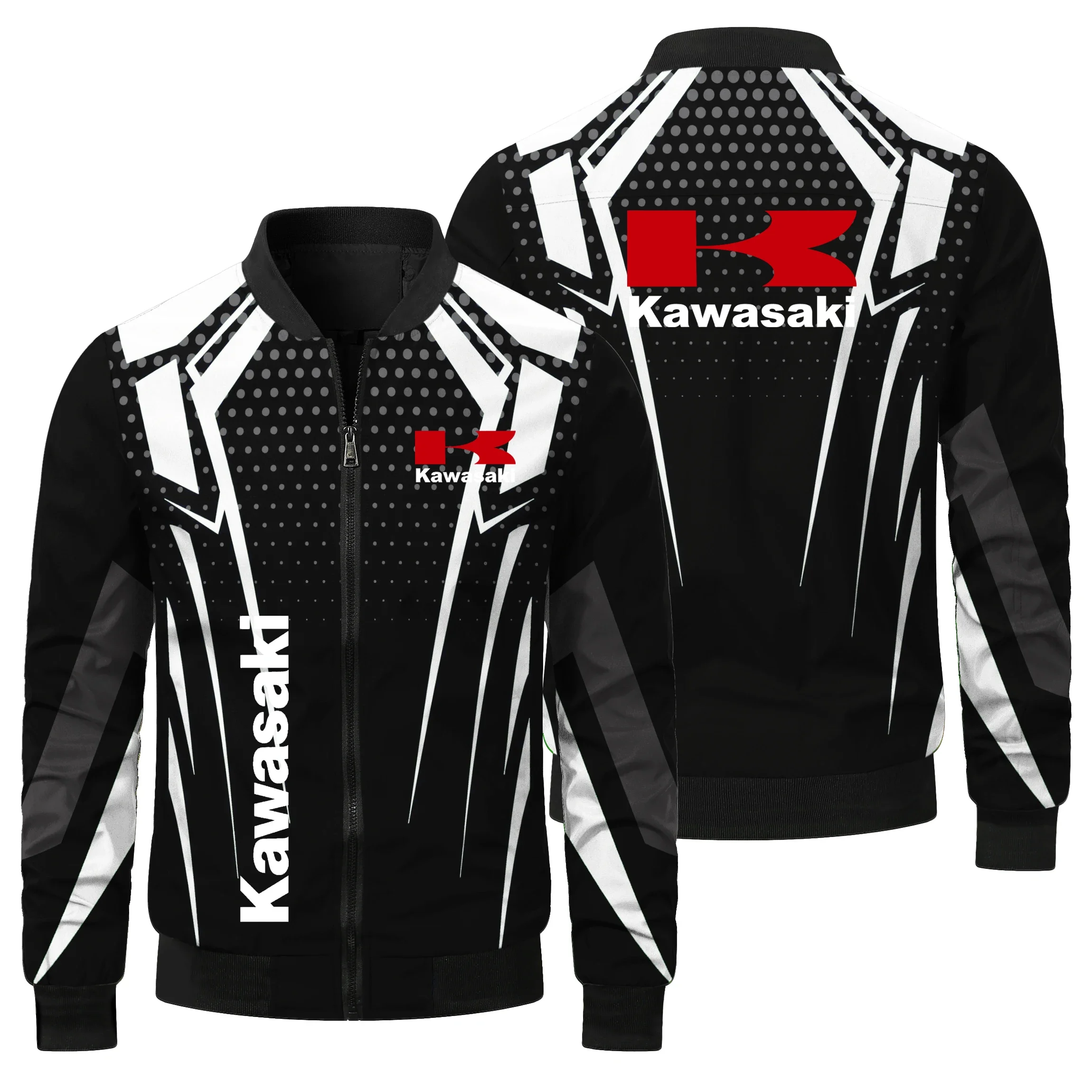 AliExpress UK Men's Crew Neck Zip-up Jacket 3D Kawasaki Logo Print Jacket Classic Racing Outdoor Off-road Bike Flight Jacket