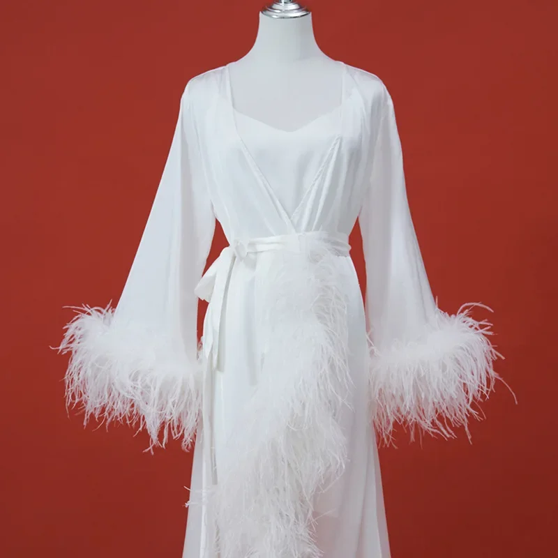 Peignoir long en plumes d'autruche pour femmes, chemise de nuit en tulle doux, robe en spandex, vêtements de nuit pour dames, vêtements de fête d'anniversaire