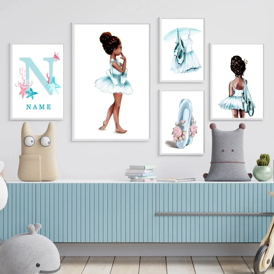 Ballet Little Girl Pearl Custom Name Wall Art Oil Painting Bohemian Kindergarten Poster Wall Painting Baby Dance Room Decoration