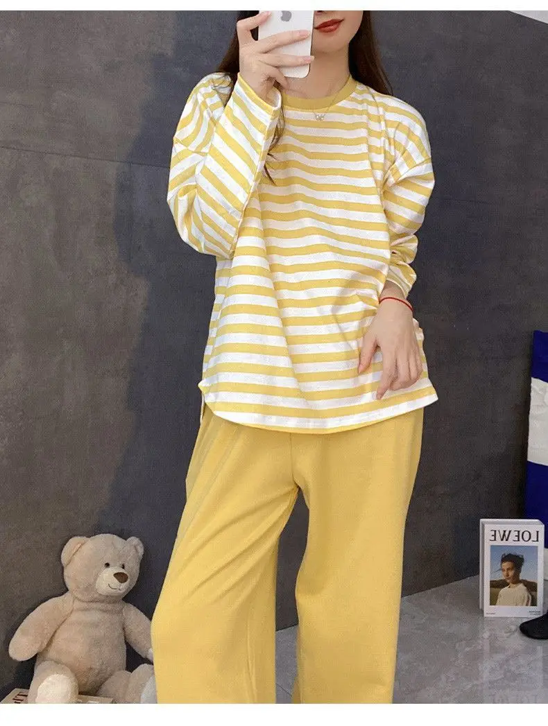Damen-Herbst-Pyjama mit Brustpolstern, gestreift, langärmelig, Übergröße, O-Ausschnitt, schlicht, lässig, modisch, koreanischer Schulpyjama, Homewear – Detail 16