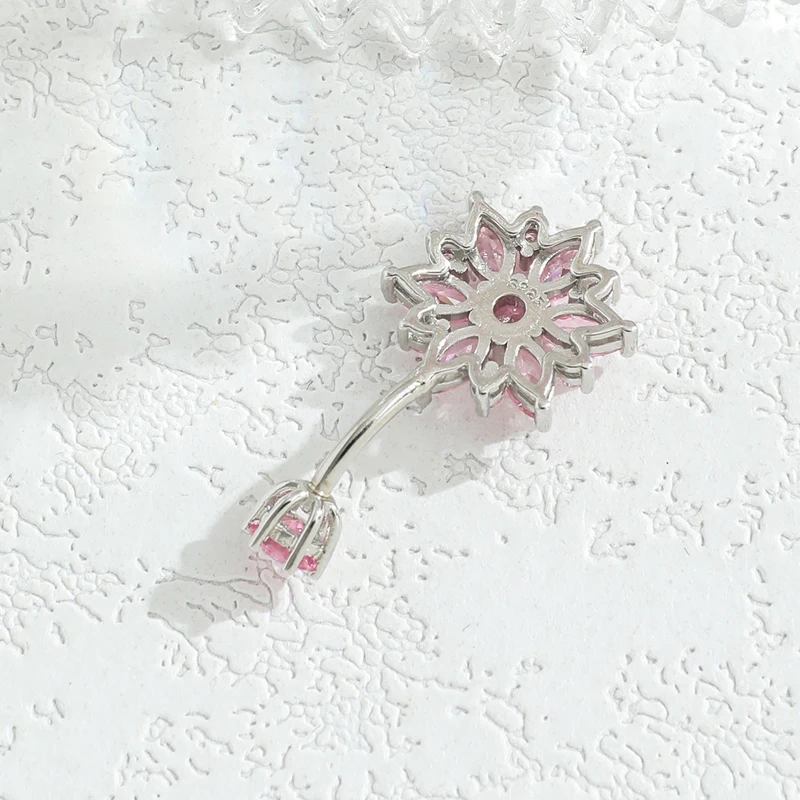 925 sterling silver belly piercing Button Bar Ring pink flower cubic zircon navel piercing jewelry