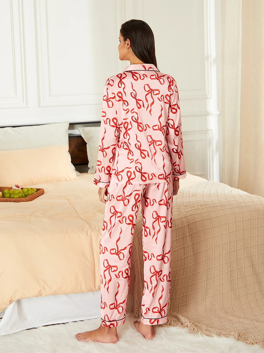 Ensemble de salon 2 pièces pour femme, chemise à manches longues, nœud à revers, imprimé étoile, pantalon, ensembles de vêtements de nuit