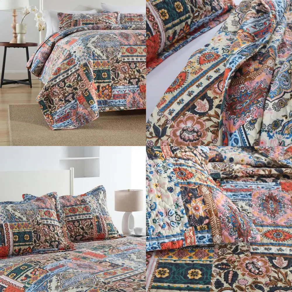 

Vintage Bohemian Patchwork Quilt Sets, Reversible Coverlet, Comforters, Queen Size Bedding