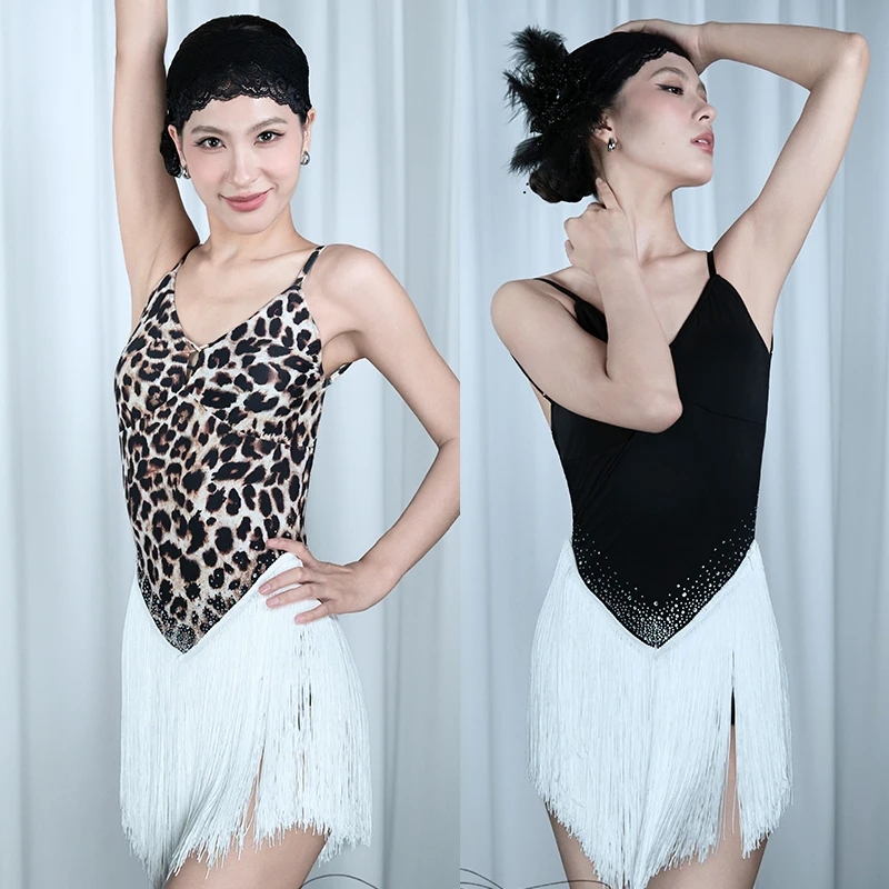 

Сексуальное платье для латинских танцев с открытой спиной и стразами, бахрома, женское леопардовое черное платье, платье для латинских выступлений, DNV25182