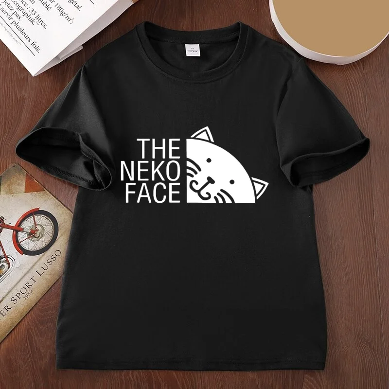 Funny The Neko Face Graphic T Shirts Cute Cat Design Printed T-shirts Casual Round Neck Printed Tshirts Man Woman Clothing Tees