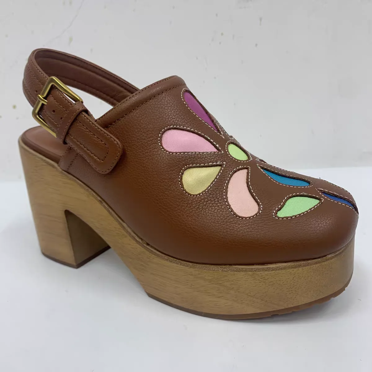 Brown Flower Pattern Buckle Wood Pattern Pumps Chunky Heel Fashion Cool Sexy Summer Casual Big Size Woman Shoes Zapatillas Mujer