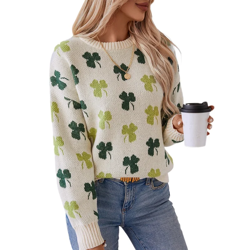 

Женский свитер с жаккардовым узором в виде четырехлистного клевера, осень-зима 2024, свободный крой, длинный рукав, вязаный свитер для женщин.