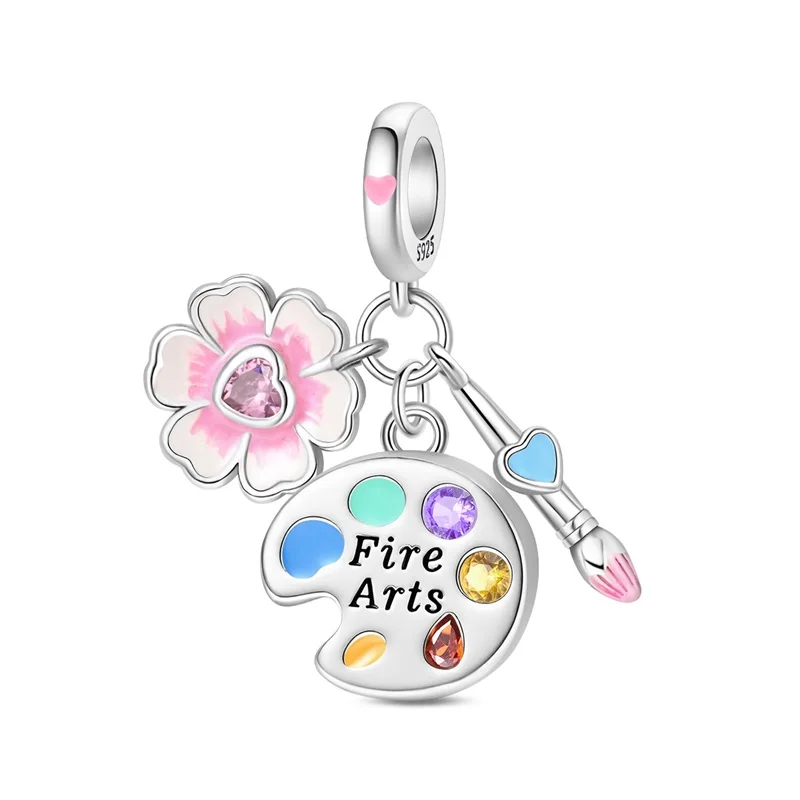 

925 Sterling Silver Flower Art Board Charms Pendant Shining CZ Zircon Dangle Fit Original Bracelet DIY Women Jewelry
