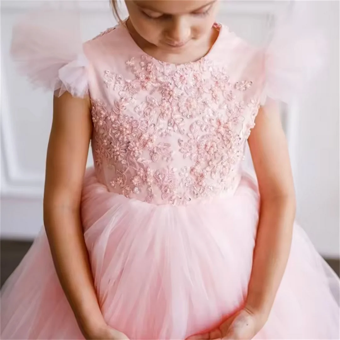 Robes de demoiselle d'honneur personnalisées, appliques florales en tulle rose avec nœud, manches courtes pour mariage, fête d'anniversaire, princesse de banquet