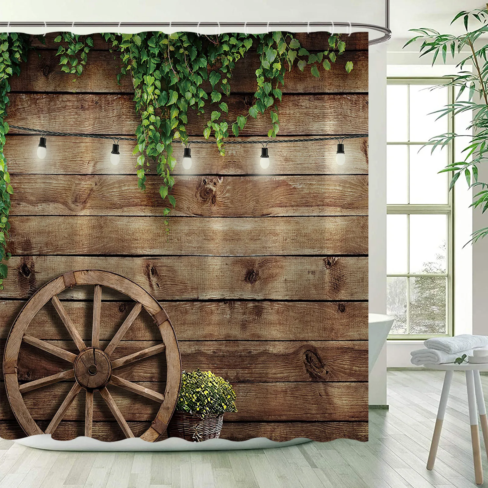 Rustic Shower Curtains Wooden Barn Door in Stone Farmhouse Image Vintage Desgin Rural Art Architecture Fabric Bathroom Decor Set