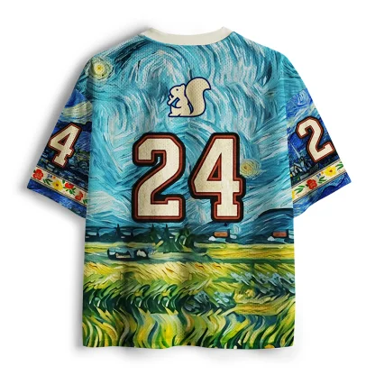 Mesh V Neck Short Sleeve Jersey, Squirrel Starry Night Art Print Tee, Van Gogh Inspired Aesthetic Loose Mesh Sports T-shirt