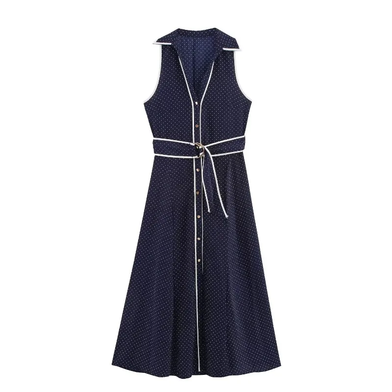 Abito lungo senza maniche casual con bottoni alla moda per donna 2025 Estate nuove donne Abbigliamento Abito camicia a pois vintage con cintura