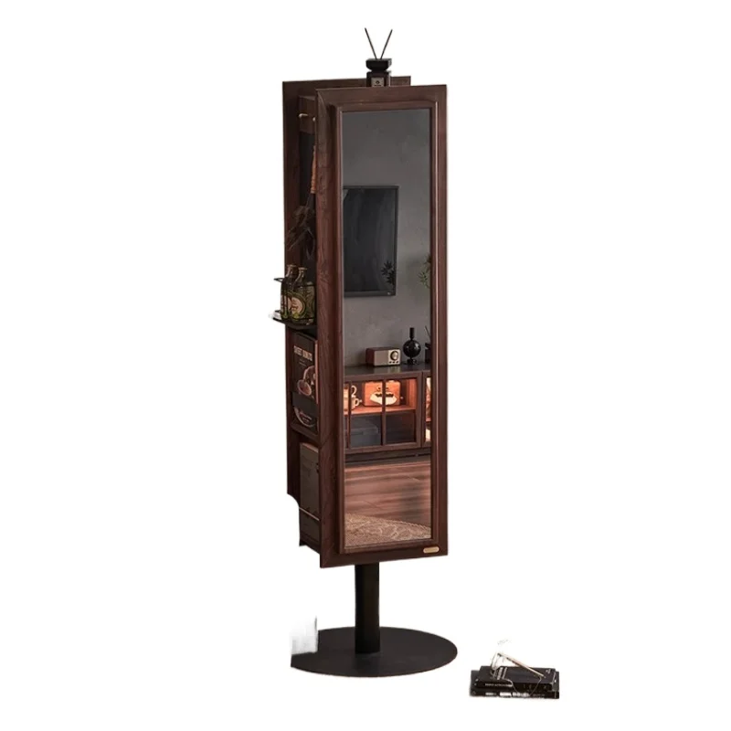 

Solid wood rotating mirror cabinet bedroom home full-body mirror black walnut magazine rack floor-to-ceiling multi-purpose