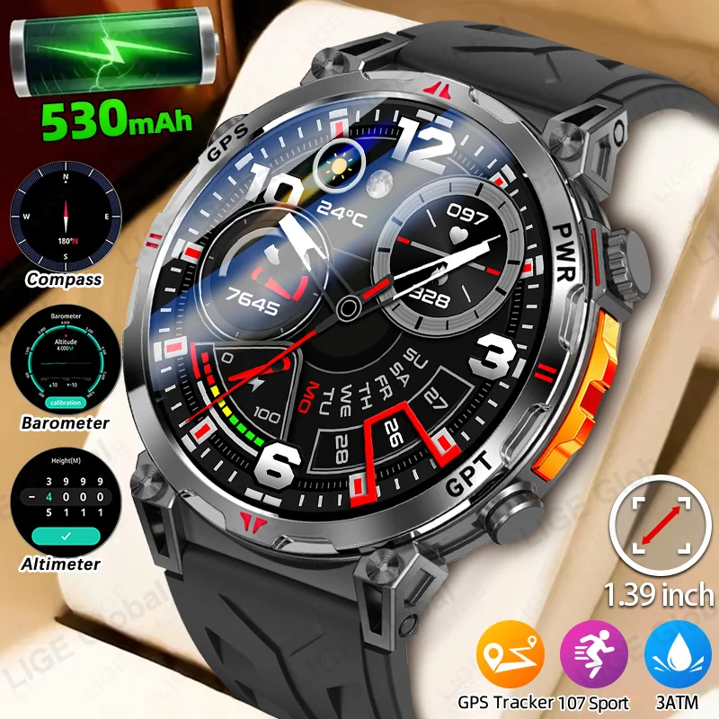 

LIGE GPS Smart Watch 1.39" HD Display Built-In Compass Barometric Altimeter Voice Call Smartwatch 3ATM Waterproof Sports Watches