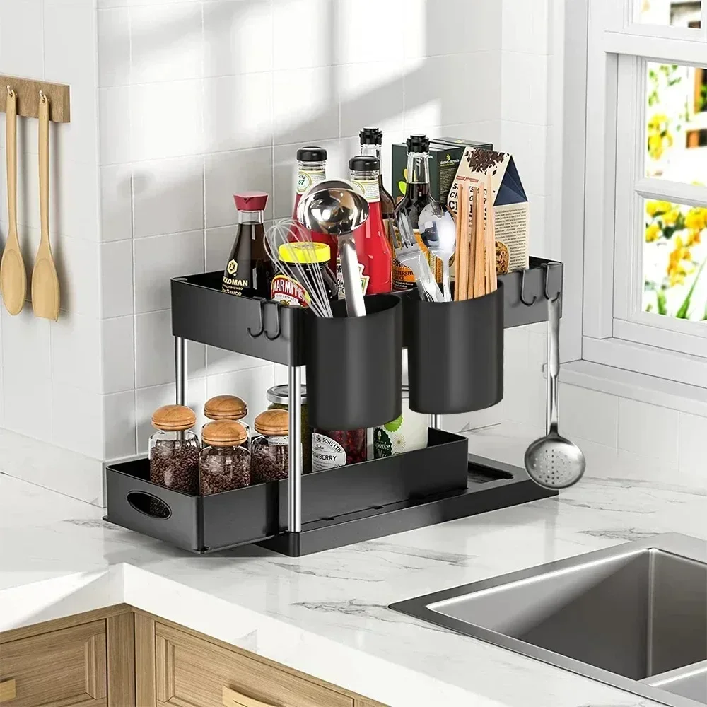 

2 Tier Under Sink Organizer Sliding Cabinet Basket Organizer Storage Rack with Hooks Hanging Cup Bathroom Kitchen Organizer