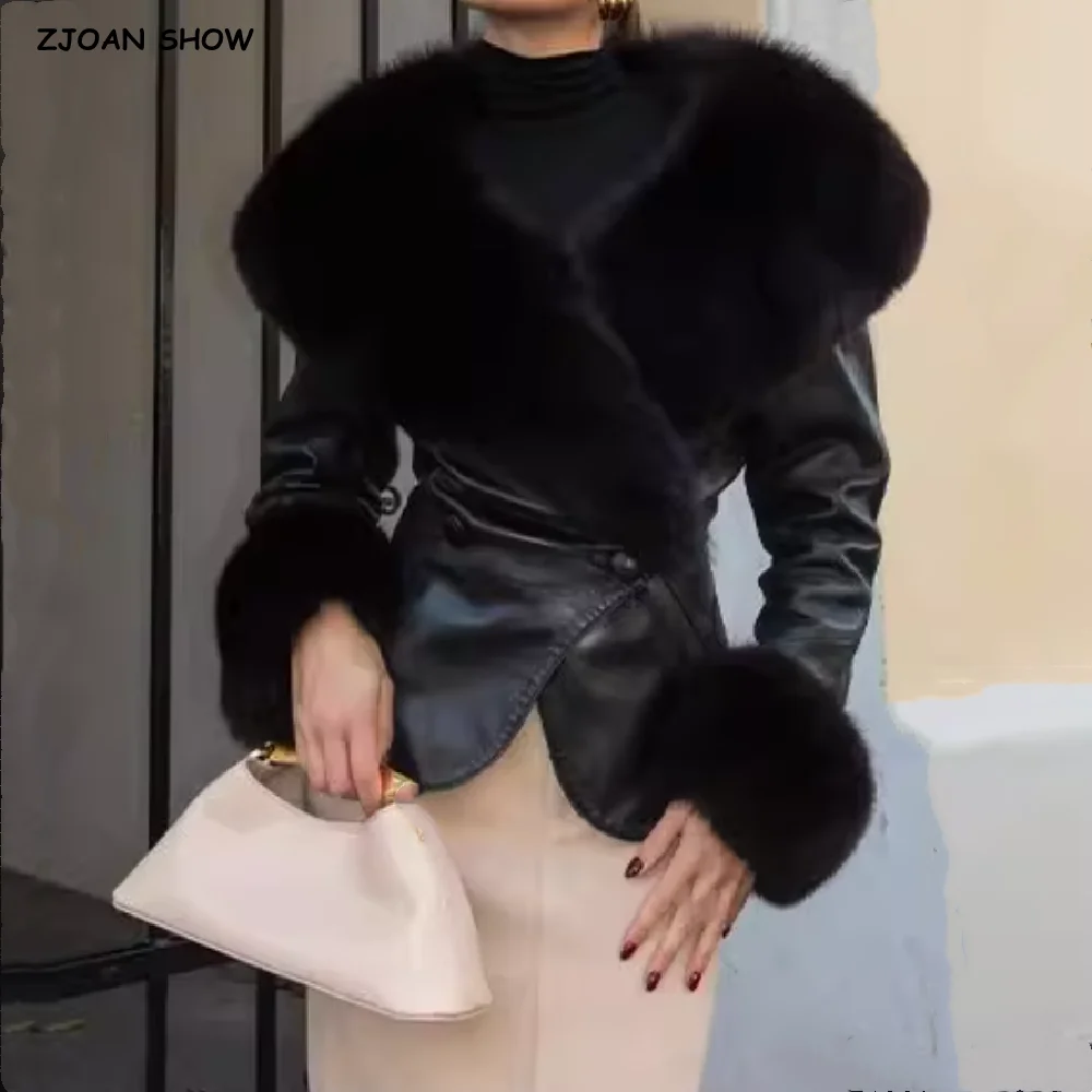2025 موضة المرأة كبيرة فو الفراء التلبيب طوق سترة بولي يوريثان مثير الصليب جلد حتى سليم الظهر الخصر معطف جلد المحاصيل ملابس خارجية أسود