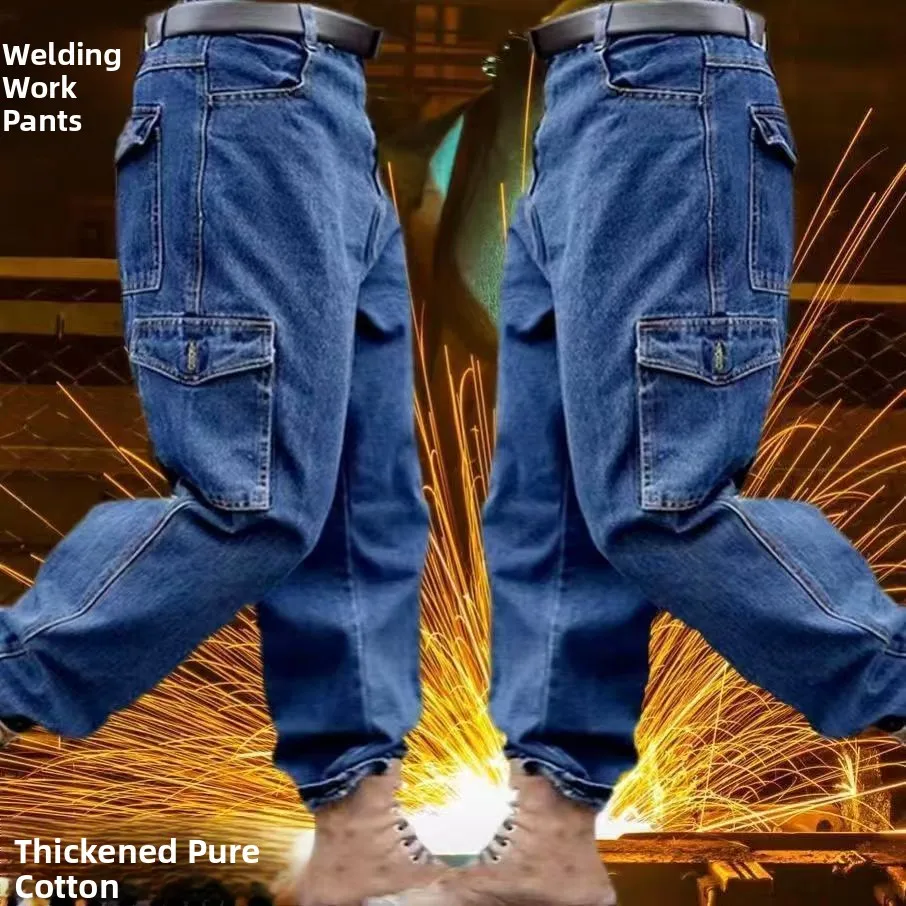 Thickened Pocket Straight Leg Workwear Jeans Loose Wear Resistant  Welding Auto Repair Construction Site Labor Protec...