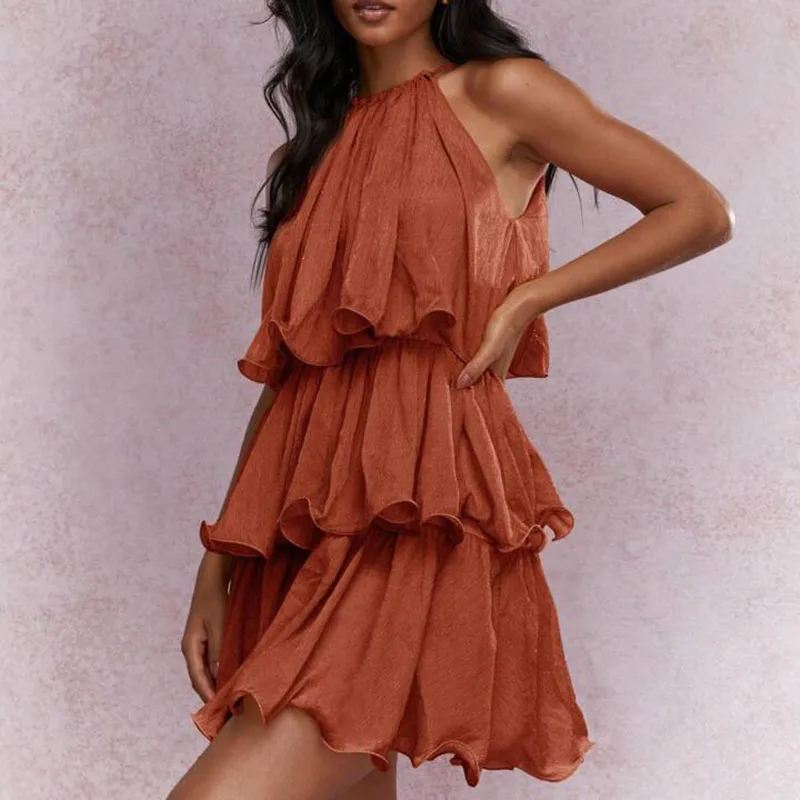 Feminino elegante cintura alta vestido de férias folha de lótus borda design em camadas cor sólida mini vestido clube festa sem mangas vestido de verão