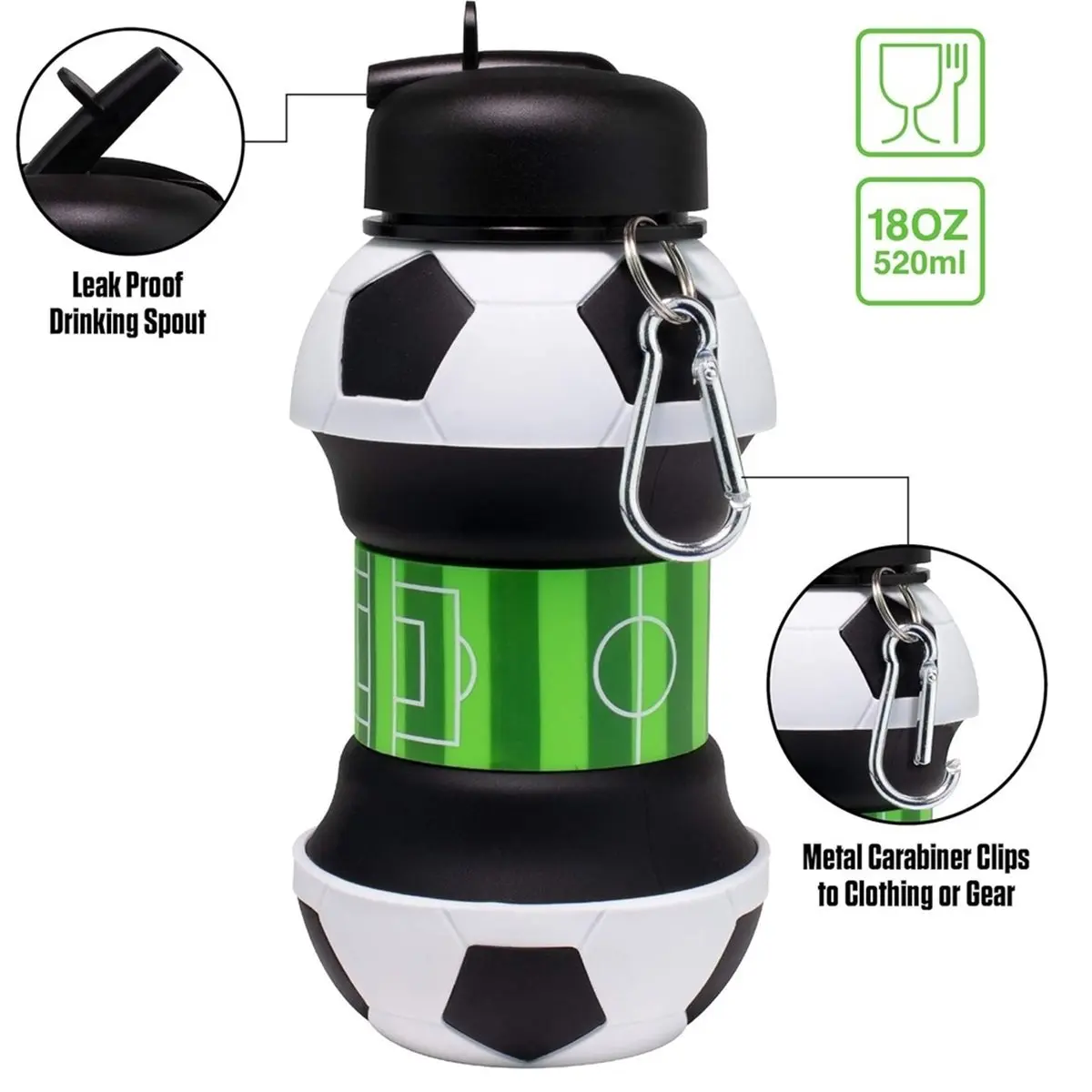PHONE&GEAR  Silicone Soccer Ball Water Bottle for Kids, 550ml with Clip, Leak-Proof Spout, Portable Sports Drink Bottle