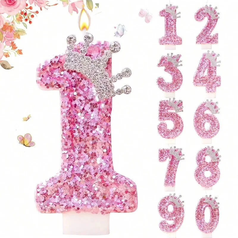 Rosa Krone mit Pailletten-Geburtstagskerzen für Kuchen, Glitzer-Zahlenkerzen 0-9 als Kuchenaufsatz für Frauen-Geburtstagsfeiern. – Detail 1