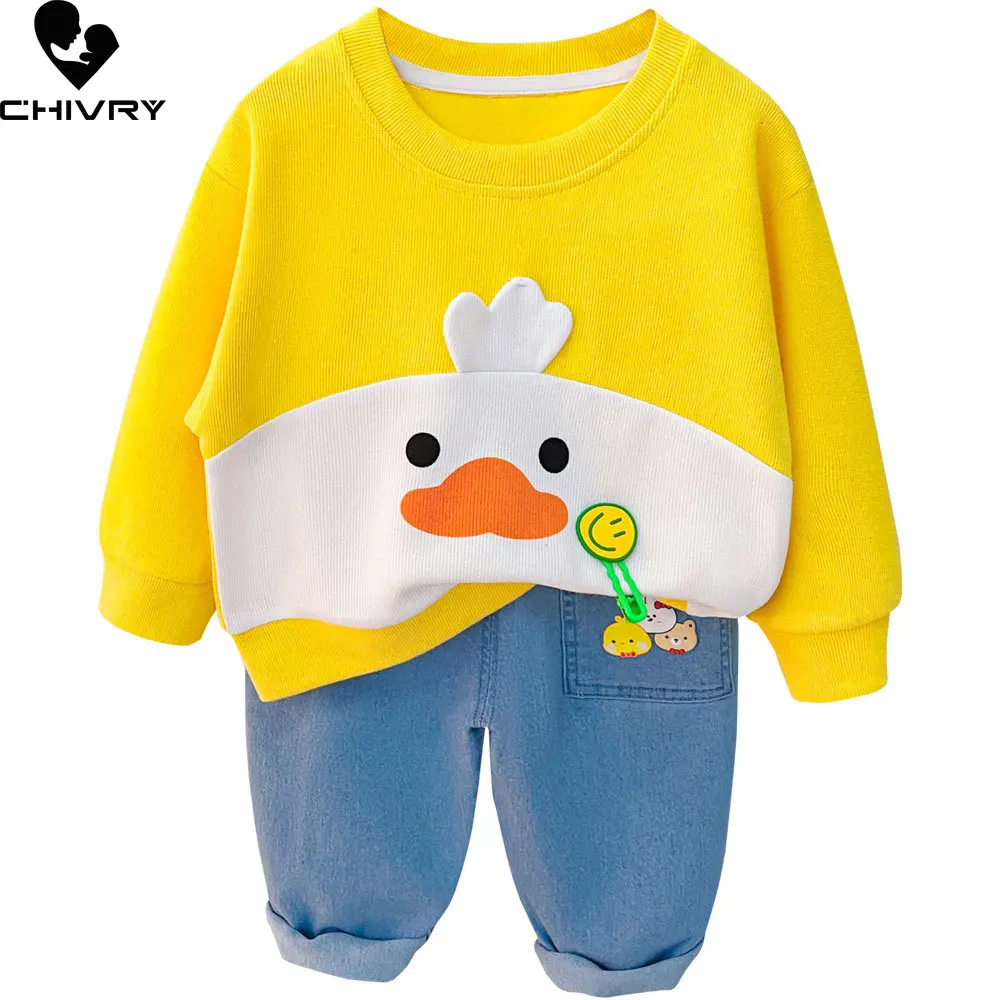 

New 2023 Baby Boys Cute Cartoon Animal Round Neck Pullover Sweatshirt with Denim Pants Baby Girls Autumn Fashion Clothing Sets