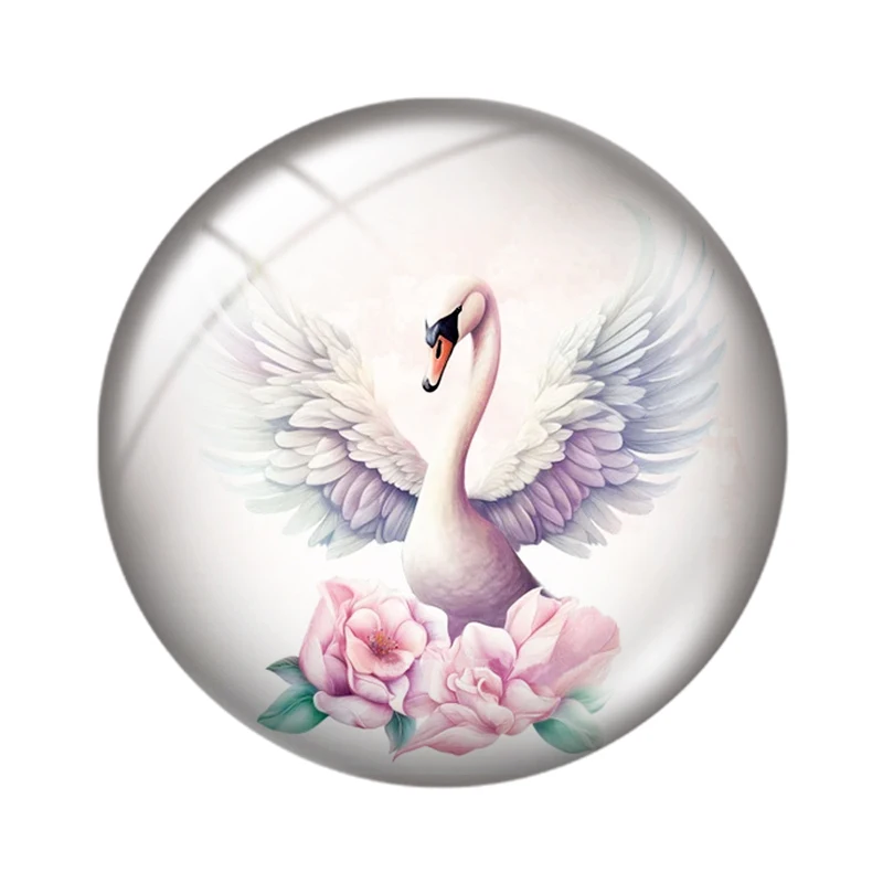 White swan birds love flowers 10pcs mixed 12mm/18mm/20mm/25mm Round photo glass cabochon demo flat back Making findings
