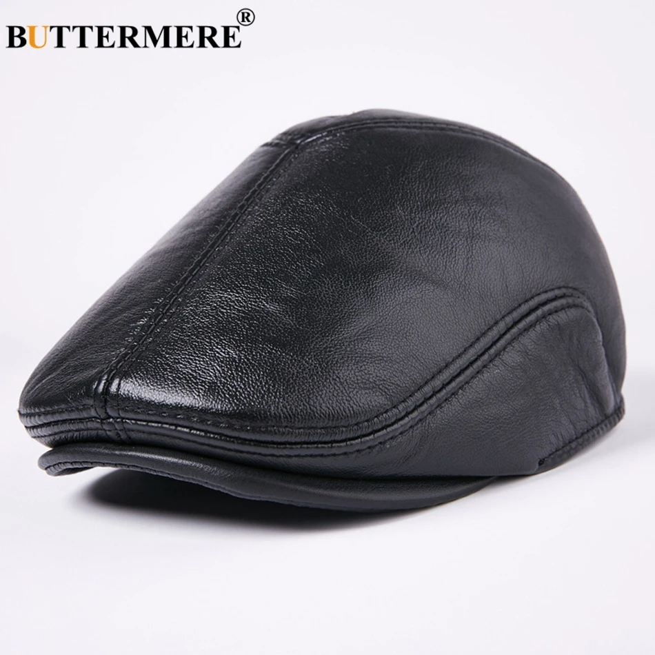 BUTTERMERE Genuine Leather Flat Caps Berets Men Brown Duckbill Hat Cowskin Male Real Leather Autumn Winter Cabbie Driving Caps