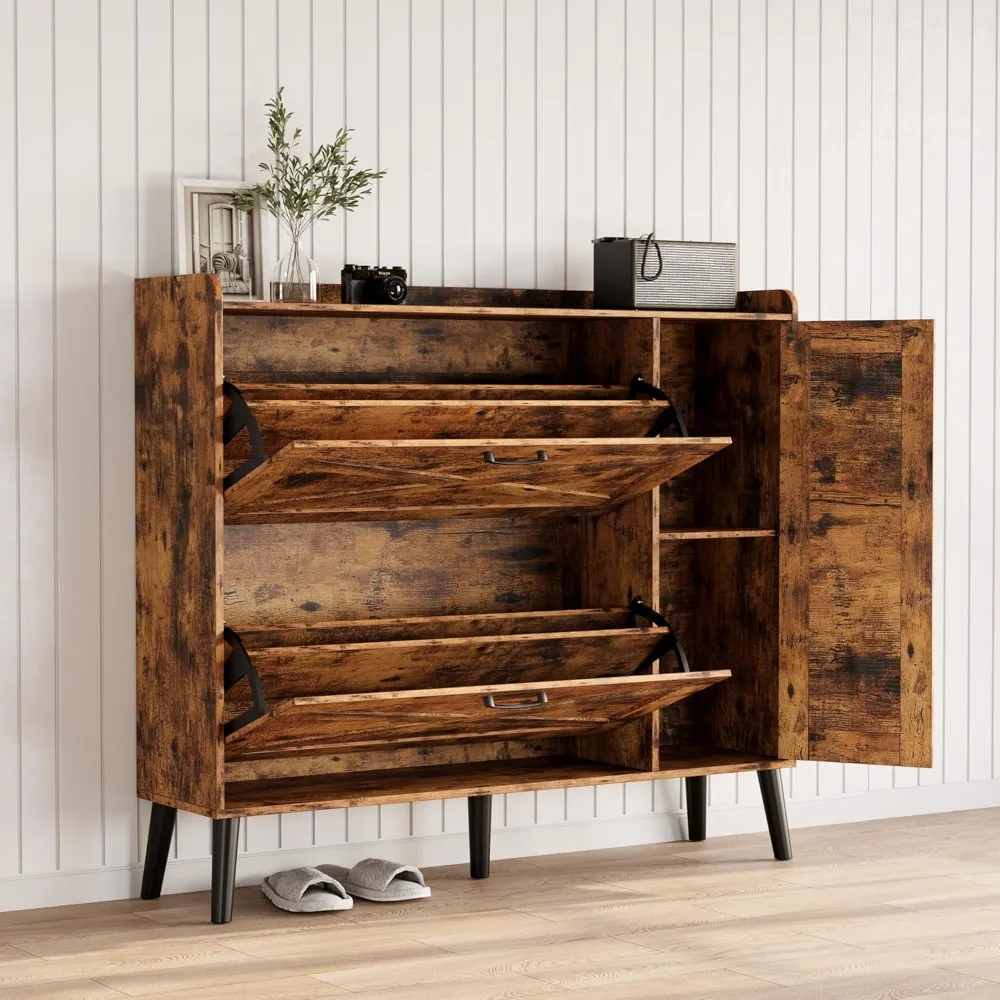 

47" Vintage Shoe Cabinet - 2 Flip-Drawers & Adjustable Shelves, Space-Saving Chinese Title: