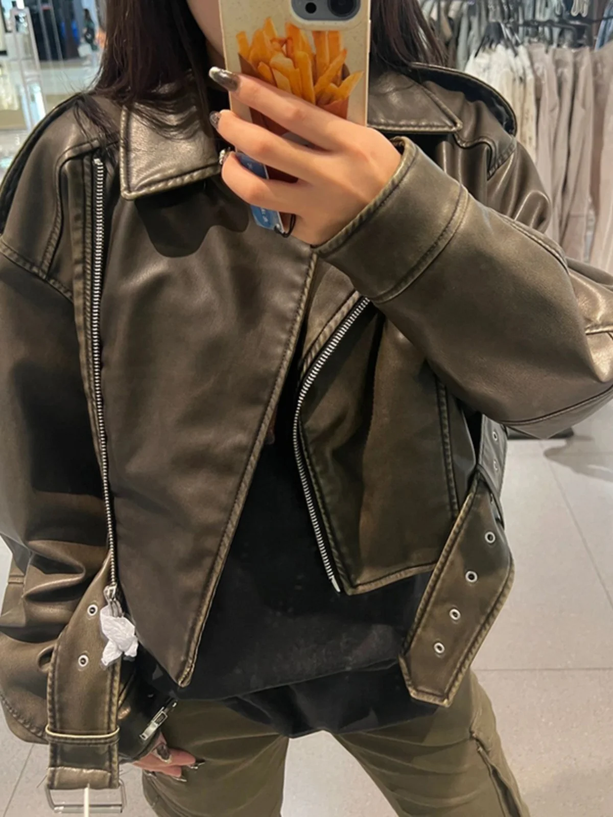 Bla ort Moto Sle PU Pelle Jaet da donna Retro American 2023 Autunno Small Size Streetwear Cappotto lungo Sve