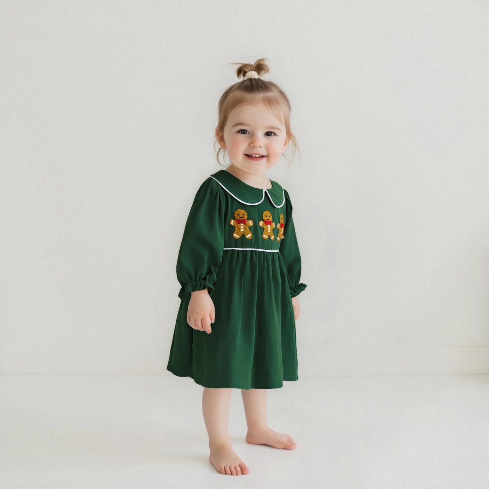 2-6Y Kids Girl Christmas Dress Casual Gingerbread Man Embroidery Doll Collar Long Sleeve Dress for Baby Cute Clothes