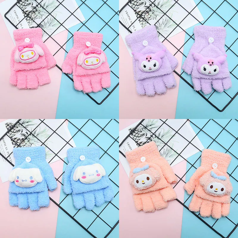 Cute Sanrio men and women baby knitting writing half finger gloves winter children outdoor warm flip gloves