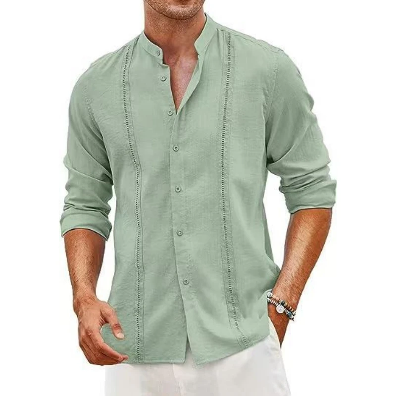 2024 Spring/Summer Men\'s casual Cuban-style Stand-up collar Lace button Linen shirt Summer beach resort shirt