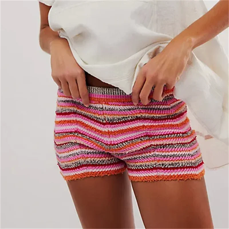 Y2k Fairy Women's Knitted Brief Shorts Colorful Wave Striped Slim Fit Shorts Low Waist Micro Shorts 2024 Fall Loungewear