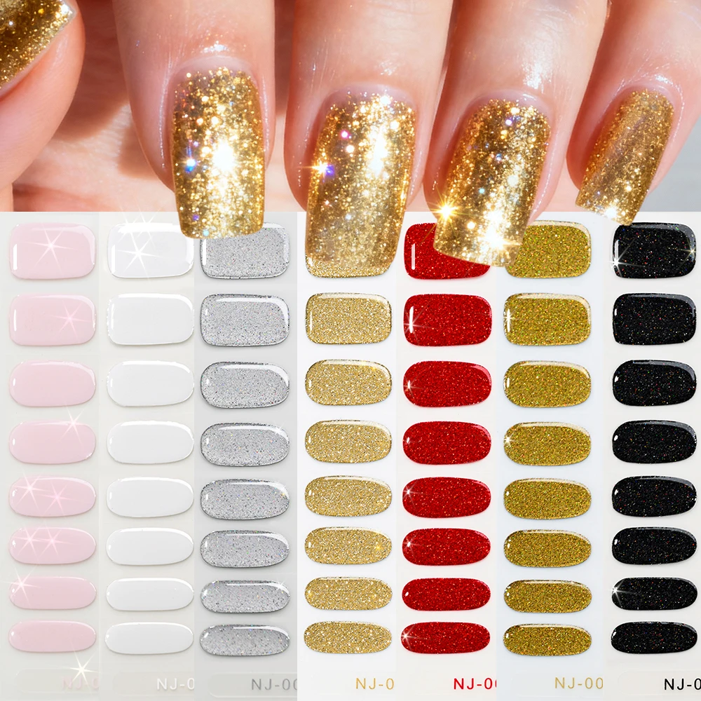 16Tips 1Sheet Semi Cured Gel Nail Strips Gold Glitter UV Gel Nail Wraps Long Lasting UV Curing Nail Art Sticker Decals with File