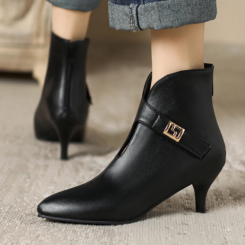 Winter 2023 Elegant Retro Pointed Toe Ankle Boots Ladies High Thin Heel Brown Black Slip-on Short Botas Party Women Shoes Belt