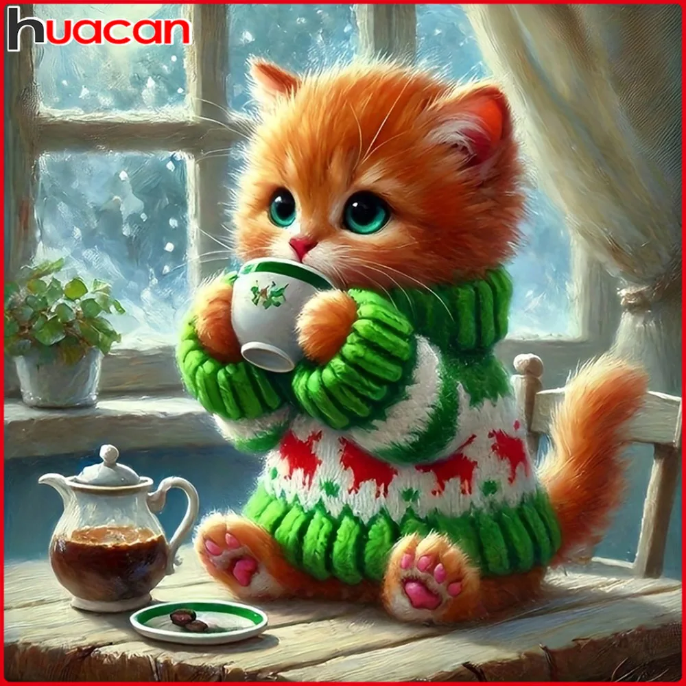 Huacan Neuheiten 2025, Diamantgemälde, Katze, Winter, Diamantmosaik, Tierlandschaft, komplettes Set, Strassbilder